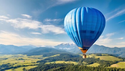 big blue hotr balloon flying in light blue sky with copy space