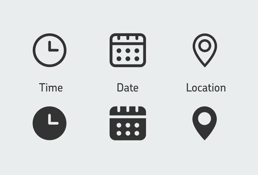 Time, date, location address icon set. Calendar, clock, map pin, reminder, adress symbols business sign.