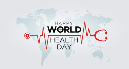 World health day text with doctor stethoscope. Vector awareness and promotional advertising background.