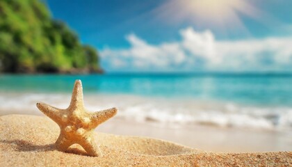 Fototapeta na wymiar tropical sandy beach with blurry blue ocean and sky summer background soft focus