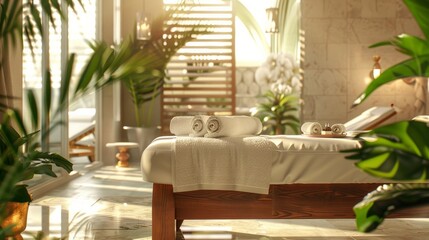 A tranquil spa setting with a massage table, showcasing a serene wellness experience