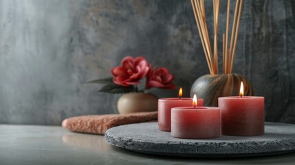 A serene spa setting with glowing candles and an aromatic reed freshener on a table, inviting relaxation and tranquility
