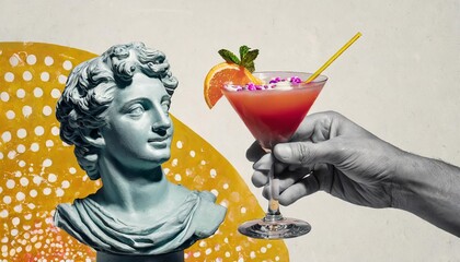 hand serving delicious sweet and sour cocktail to antique statue bust over white background...