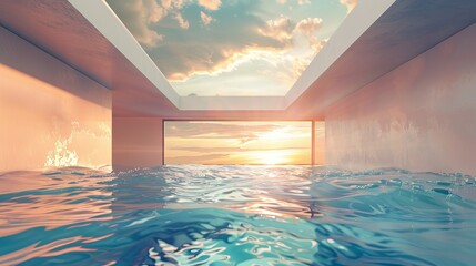 A creative design template showcasing a split view with a mesmerizing underwater scene and a stunning sunset skyline, divided beautifully by the waterline