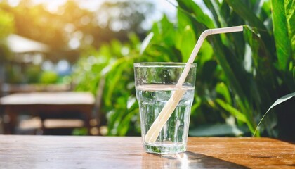 fresh water in glass with paper drinking straw on restaurant background concept for reduce plastic pollution and support green eco friendly products