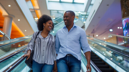 Happy couple moving down on escalator while shopping at mall , sales concept, consumerism concept