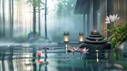 A harmonious mosaic composed of serene, Zen-like images, each capturing the essence of tranquility and the soothing atmosphere of a spa