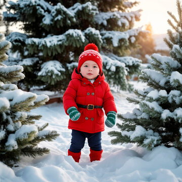 A child in a bright red winter coat stands among majestic snow-laden pine trees, their gaze filled with wonder and enchantment, fully captivated by the magical essence of winter.