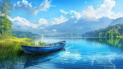  serene natural landscape in hues of blue, featuring a boat gently floating on the smooth