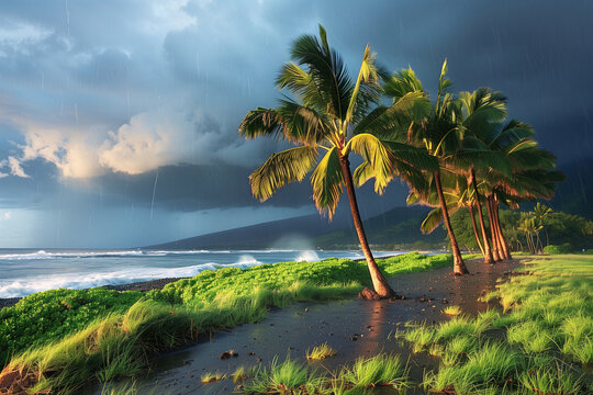 a row of palm trees after a storm with the sun shining through the dark clouds in hawaii