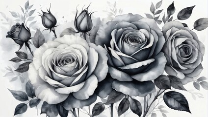 Charcoal rose floral composition. Watercolor modern flowers.