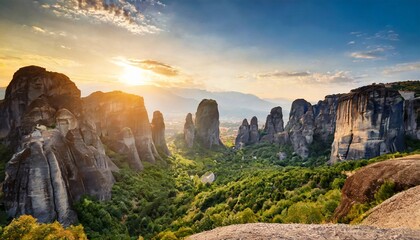 panoramic landscape of meteora greece at romantic sundown time with real sun and sunset sky meteora incredible sandstone rock formations the meteora area is on unesco world heritage - obrazy, fototapety, plakaty