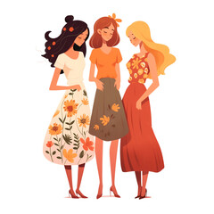 Vector Illustration of three women in summer skirts and tops in warm autumn colors isolated background.