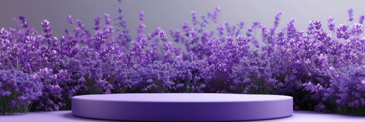 A tranquil display of purple lavender fields, with a central podium for showcasing products, set against a gentle gradient background