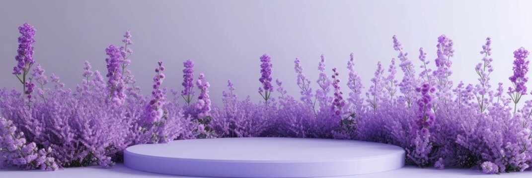 A dreamy purple floral background with a white pedestal surrounded by lush violet blooms against a textured backdrop