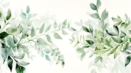 Seamless watercolor floral pattern. Green leaves and branches composition on white background for wallpapers, postcards, greeting cards, wedding invitations, romantic events - obrazy, fototapety, plakaty