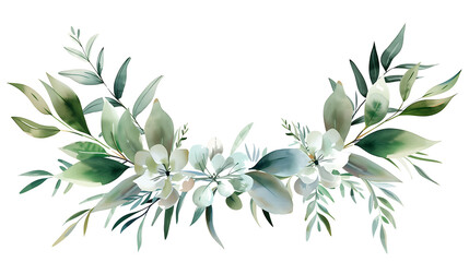 Fototapeta na wymiar Watercolor green floral illustration on white background. Leaf frame, border, for wedding stationary and greetings