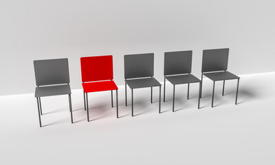 Illustration of individuality and leadership in the company. One red leader, four different chairs.