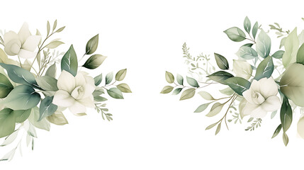 Seamless watercolor floral pattern. Green leaves and branches composition on white background for wallpapers, postcards, greeting cards, wedding invitations, romantic events