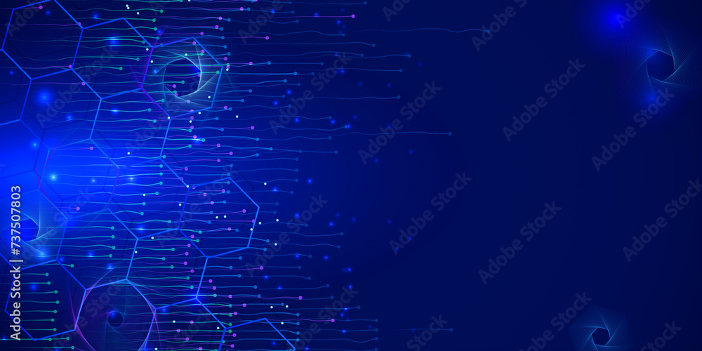 Poster abstract dark blue background. network of hexagons on on an abstract background of lines with dots