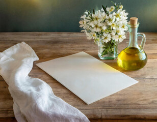 Um cardápio em branco (para escrever), sobre uma mesa de madeira, com um arranjo de flores brancas e um vidro de azeite e um guardanapo branco.
