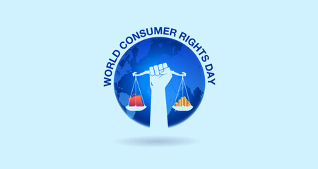 Vector illustration of World Consumer Rights Day. Poster design, consumer awareness concept. Shopping bag, world globe with hand holding judicial scale for consumer rights.