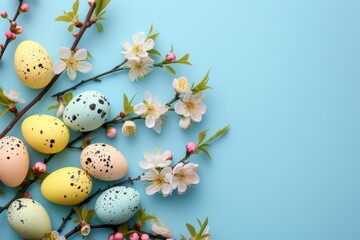 Fototapeta premium Happy Easter Eggs Basket cheerful. Bunny in flower easter blank space decoration Garden. Cute hare 3d plush decor easter rabbit spring illustration. Holy week rebirth card wallpaper spirited