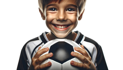 child boy player hold soccer ball isolated on transparent background - obrazy, fototapety, plakaty