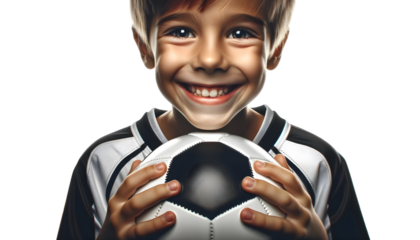 child boy player hold soccer ball isolated on transparent background