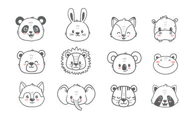 set of animals. Doodle illustration of bear, wolf, fox,  raccoon, hare, lion, tiger, elephant, hippo, koala for cards, magazins, banners. Vector illustration