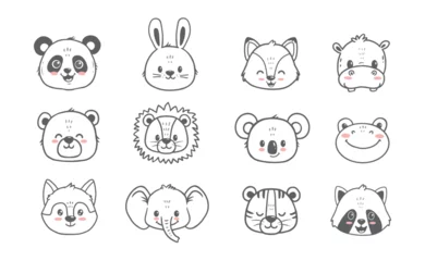 Fotobehang set of animals. Doodle illustration of bear, wolf, fox,  raccoon, hare, lion, tiger, elephant, hippo, koala for cards, magazins, banners. Vector illustration © Alina