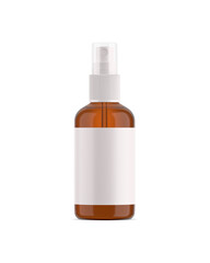 A image of a amber spray bottle with a white label isolated on a white background