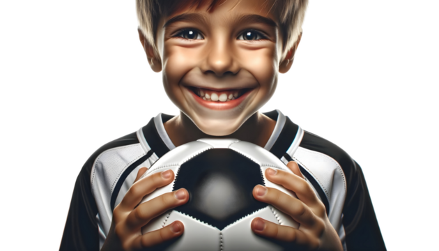 child boy player hold soccer ball isolated on transparent background