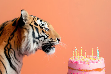 Tiger having birthday party with cake with candles. Ai generative art