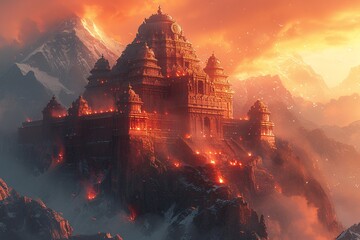 Fiery Castle Ruins Generative AI
