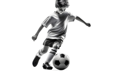 child football player shoot soccer ball isolated on transparent background
