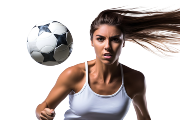 woman player with soccer ball isolated on transparent background