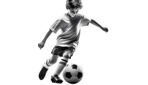 child football player shoot soccer ball isolated on transparent background