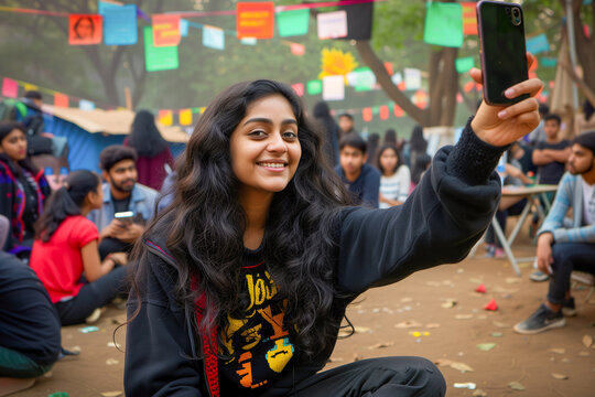 Radiant Young Woman Taking A Selfie With A Crowd At A Cultural Fest In The Background.