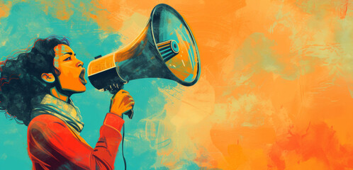 Activist Proclaiming a Message with a Megaphone on Artistic Orange Backdrop - obrazy, fototapety, plakaty
