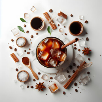 Glass of ice coffee on white background, top view
