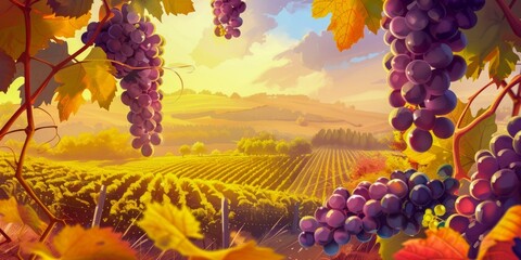A picturesque vineyard bathed in the warm glow of a setting sun with ripe grapes.