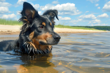 Black dog enjoying a swim in shallow waters at a sandy beach