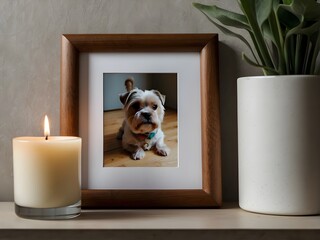 Pet loss; Memorial picture of old dog with candle