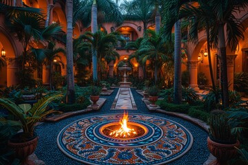 A Tropical Paradise A Fire Pit in the Center of a Flower Garden Generative AI