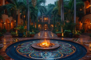 A Tropical Paradise A Nighttime Swimming Pool with a Fire Pit Generative AI