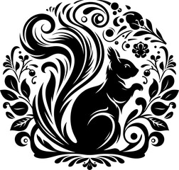 Fototapeta premium squirrel silhouette flowers ornament decoration, floral vector design