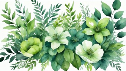 Forest green floral design. Watercolor lush flowers. - obrazy, fototapety, plakaty