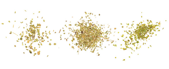Set chopped dry oregano scattered isolated on white, top view, clipping	