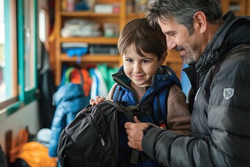 A man assists a youngster in packing a backpack.